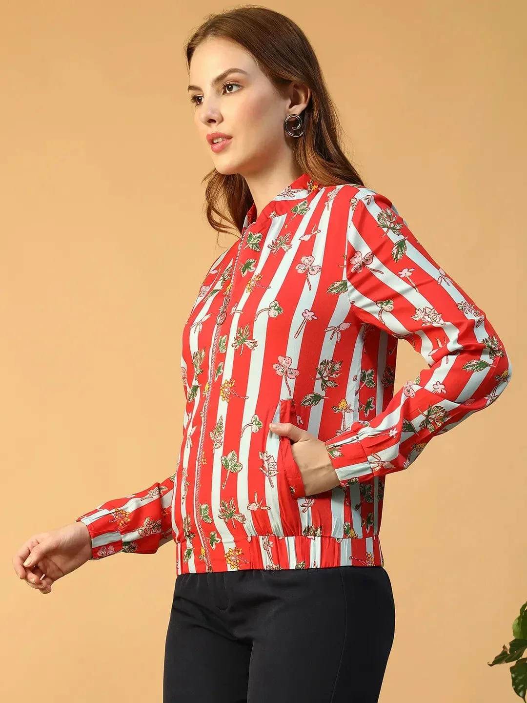 Women Bomber Jacket - Red Floral Print Zip Front Lightweight Spring Jacket - Image 3