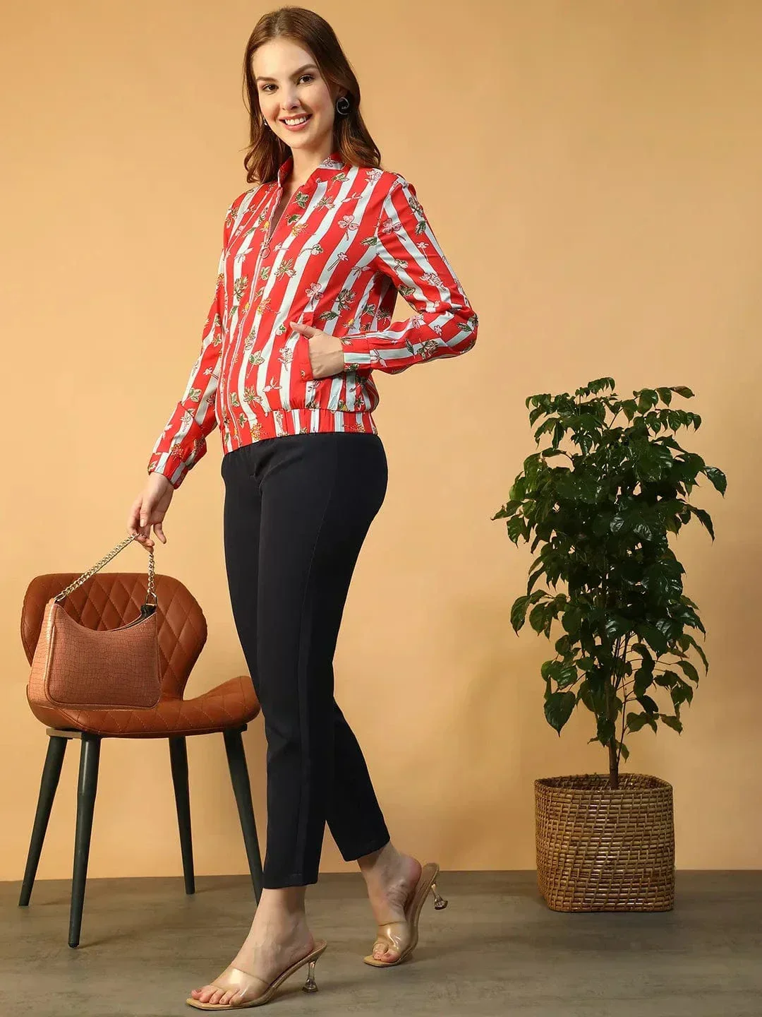 Women Bomber Jacket - Red Floral Print Zip Front Lightweight Spring Jacket - Image 8