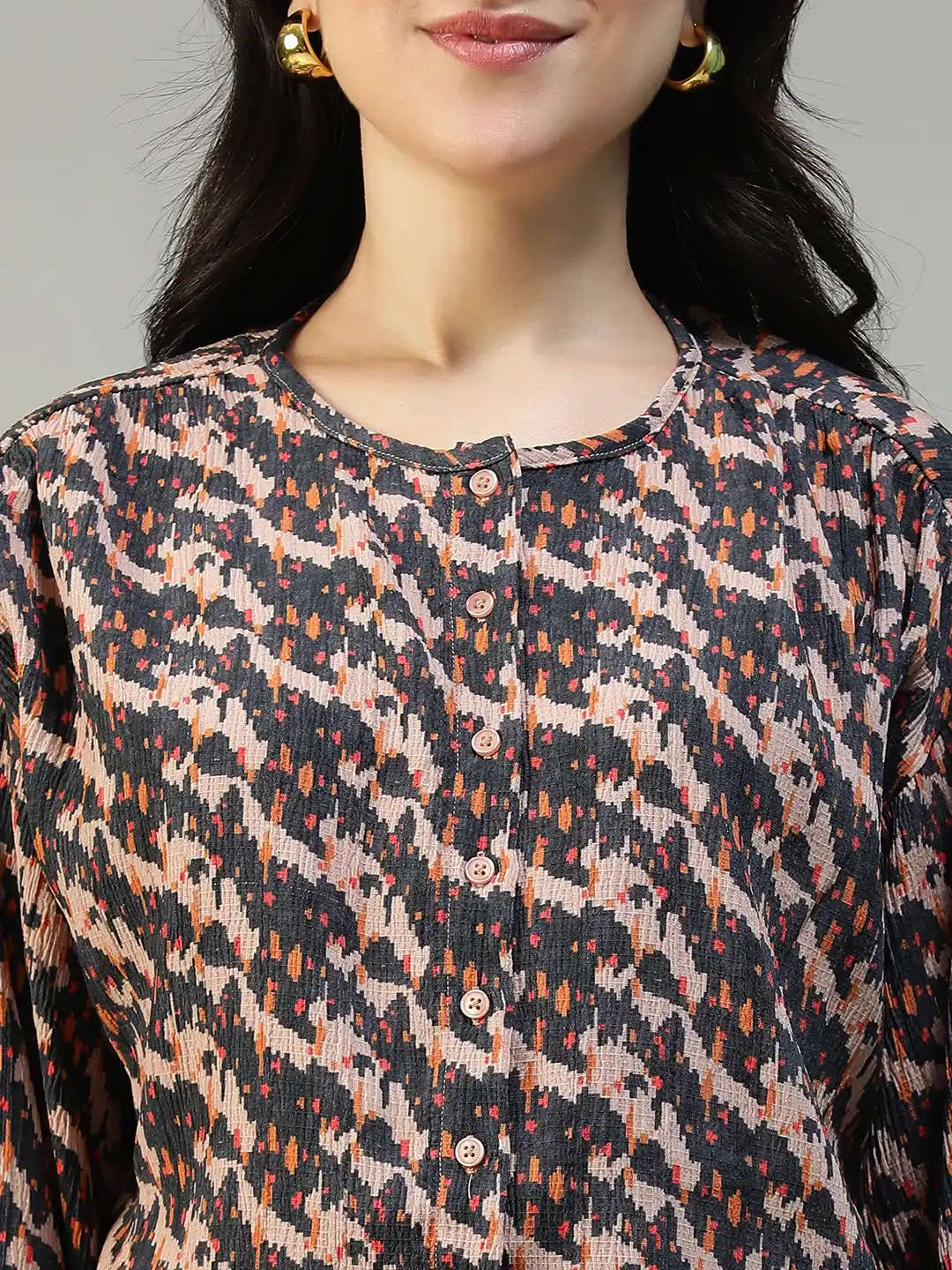 Women Brown Abstract Print Round Neck Long Sleeve Top - Image 2