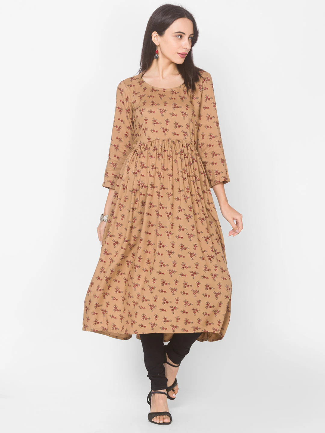 Women Brown Floral Anarkali Kurta