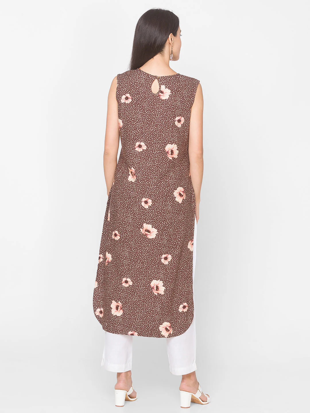 Women Brown Floral High Low Sleeveless Kurta - Image 3