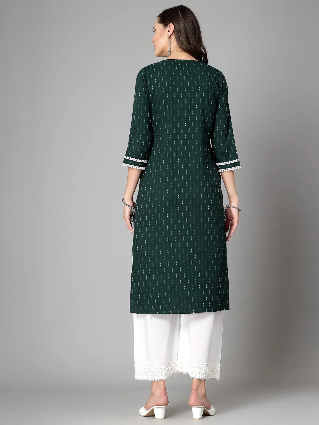 Women Dark Green Cotton Dobby Kurta - Image 11