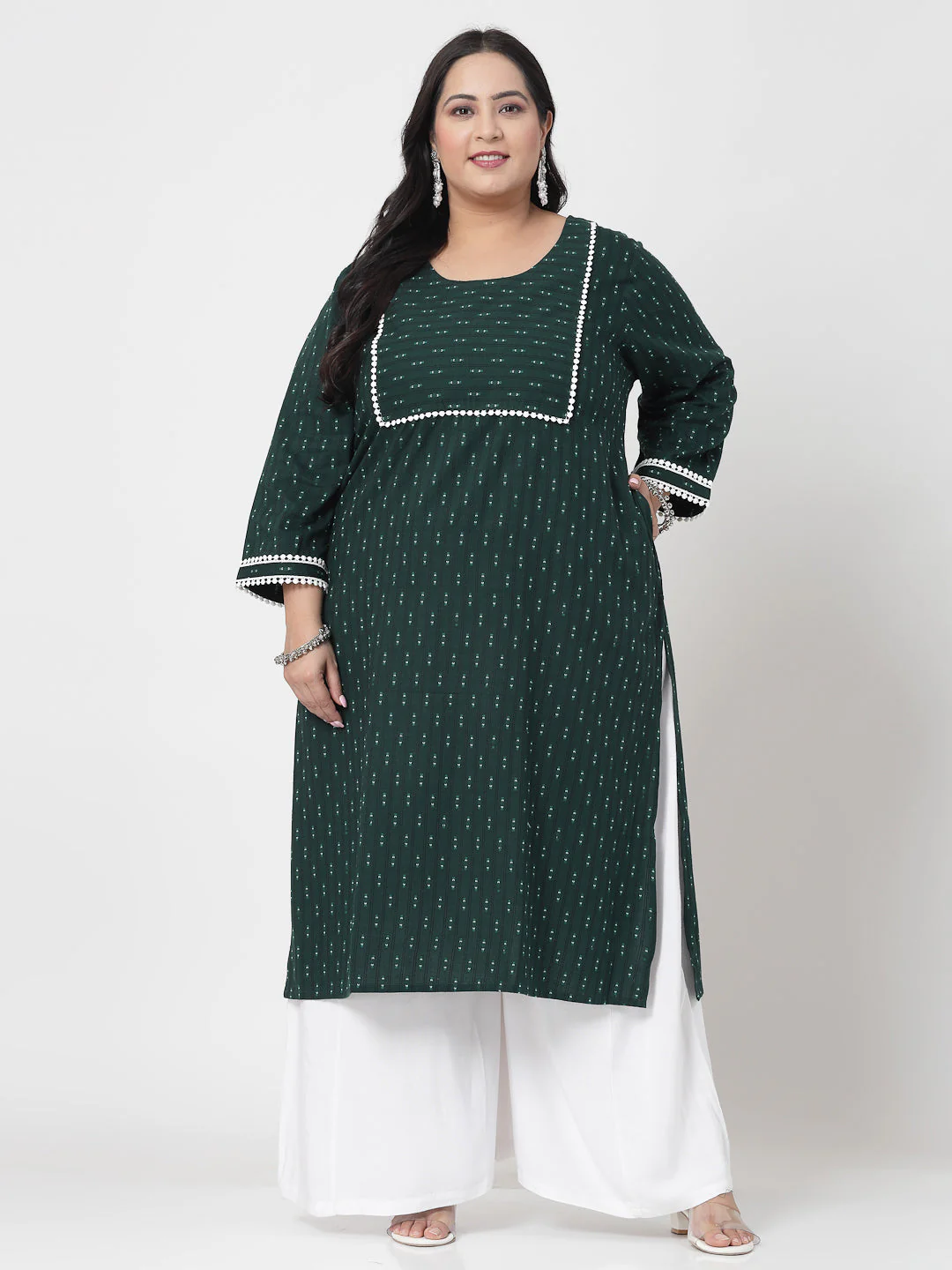 Women Dark Green Cotton Dobby Kurta - Image 12