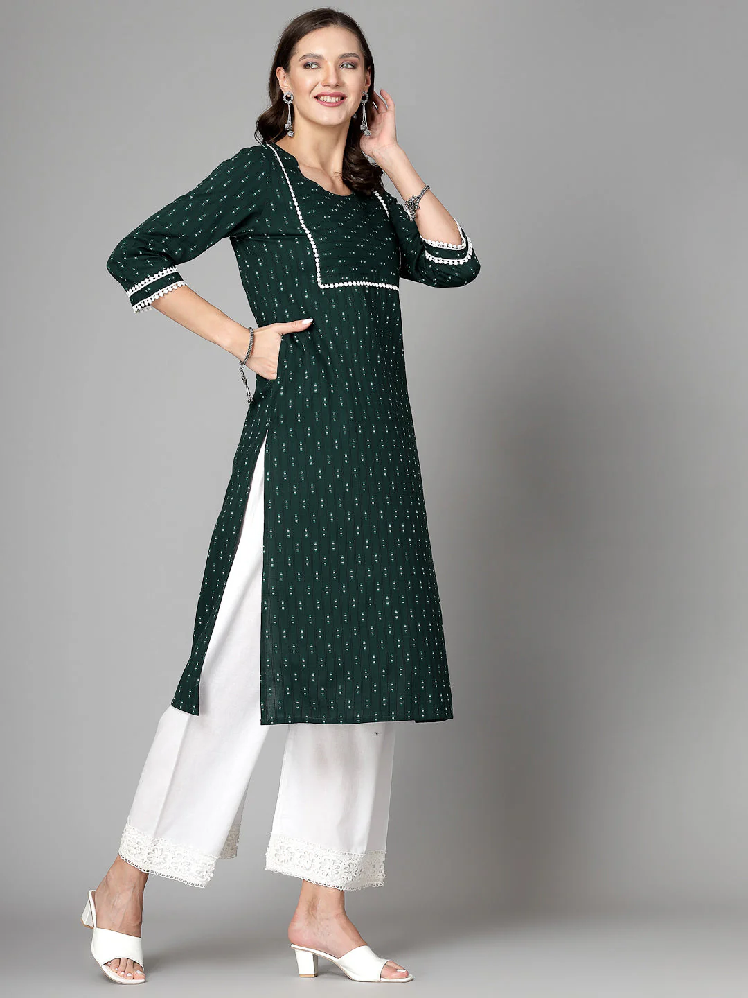 Women Dark Green Cotton Dobby Kurta - Image 9