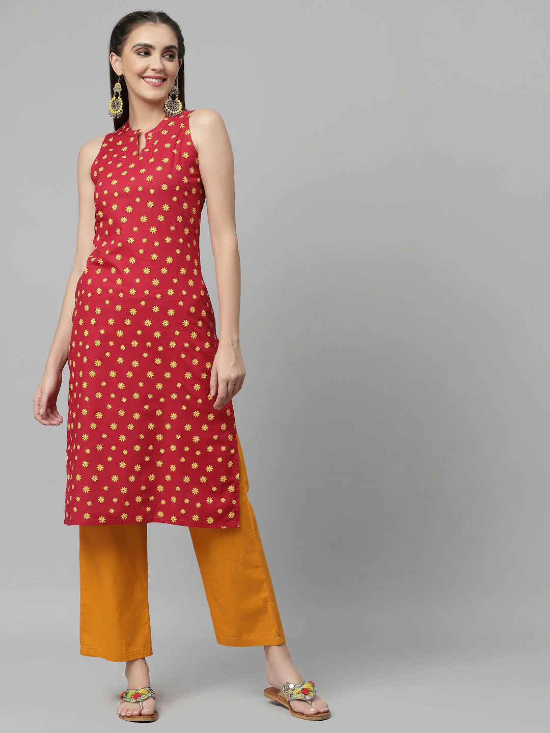 Women Dark Pink Cotton Sleeveless Kurta - Image 5
