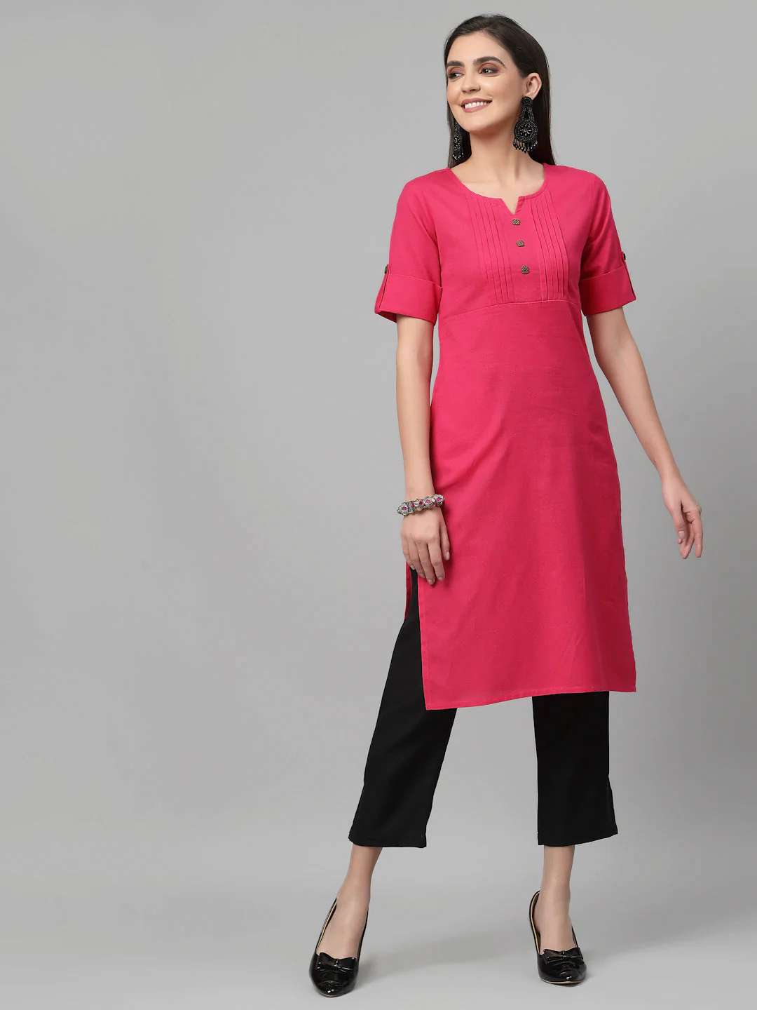 Women Dark Pink Cotton Solid Knee Length Kurta - Image 3