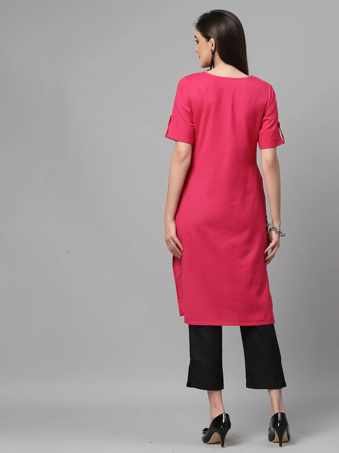 Women Dark Pink Cotton Solid Knee Length Kurta - Image 4