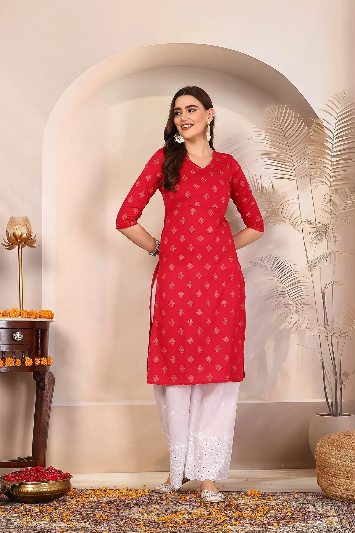 Women Dark Pink Ethnic Motifs Cotton Angrakha Kurta - Image 3