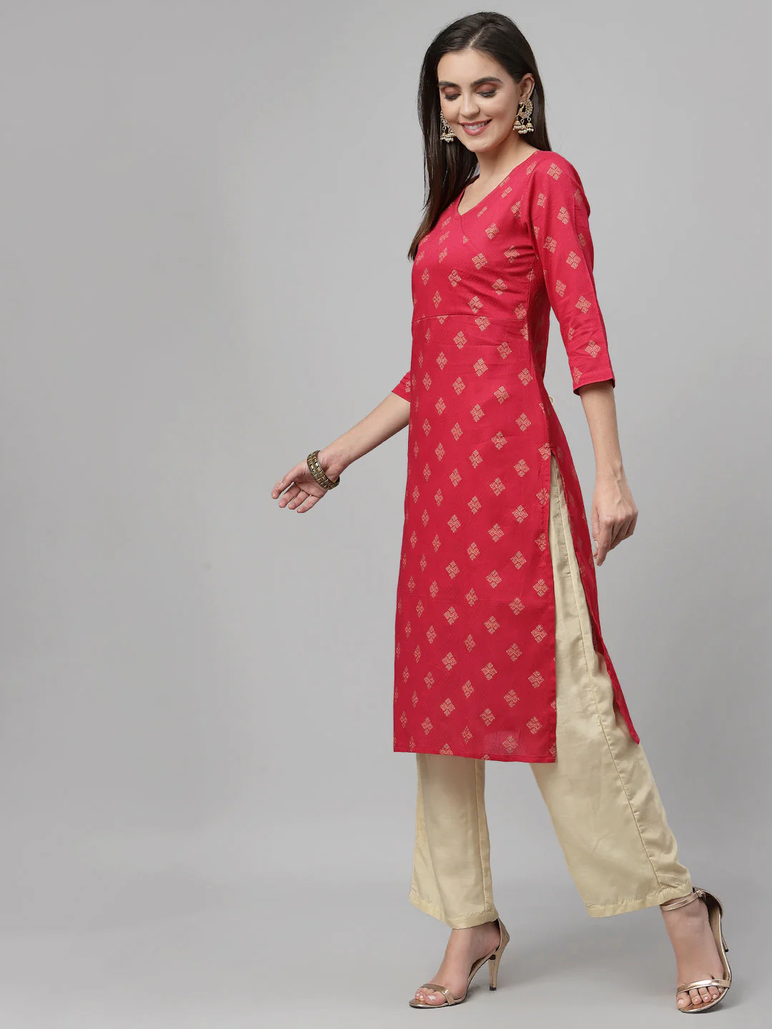 Women Dark Pink Ethnic Motifs Cotton Angrakha Kurta - Image 8