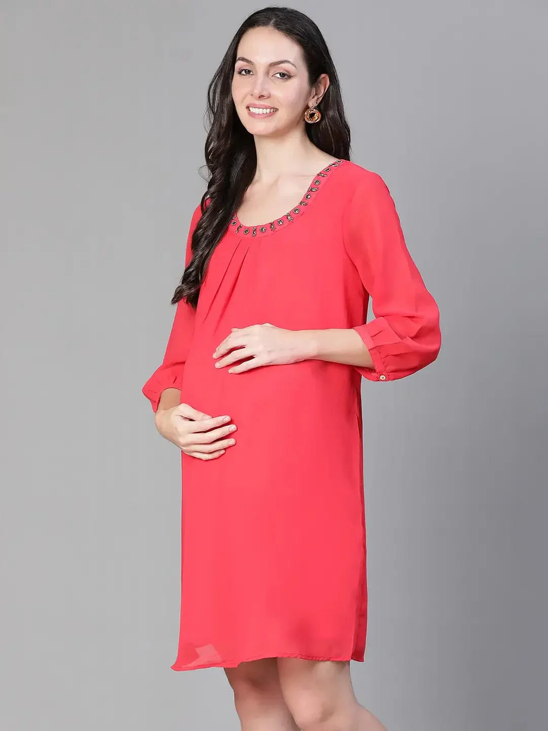 Women Embellished Elsaticated Round Neck Red Maternity Dress - Image 3