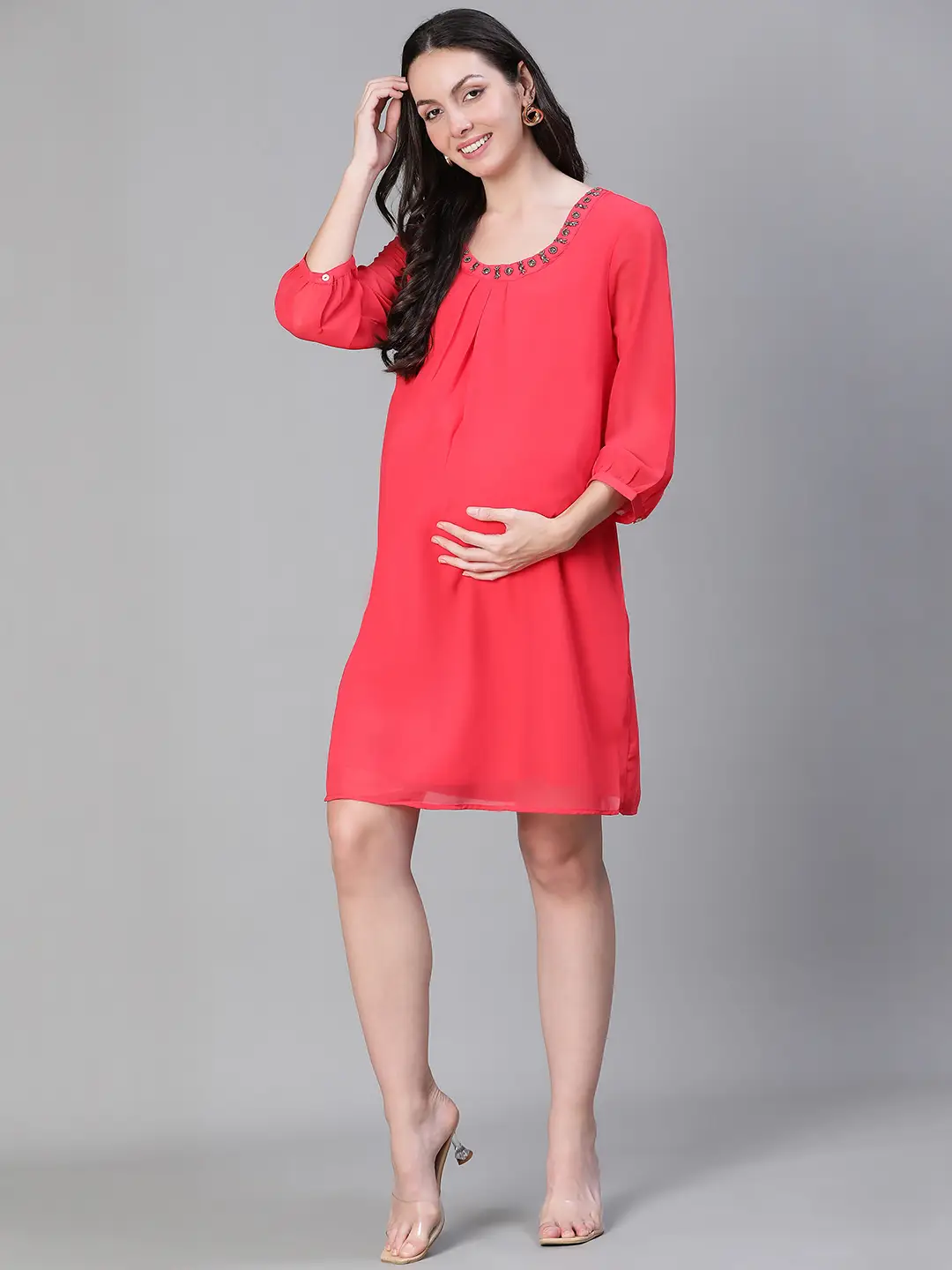Women Embellished Elsaticated Round Neck Red Maternity Dress - Image 2