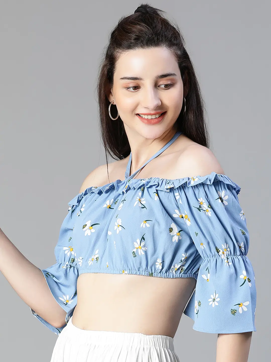 Women Floral Print Blue Ruffle Off -Shoulder Halter Crop Top - Image 3