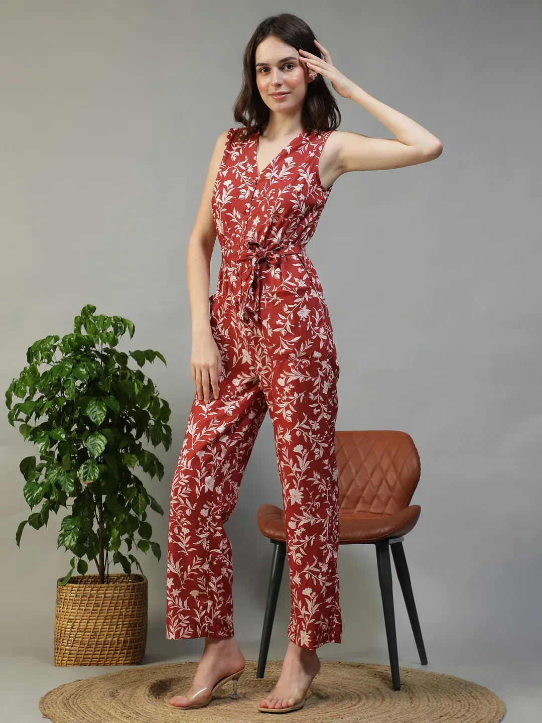Women Floral Print Jumpsuit with Belt & Pockets - Image 4