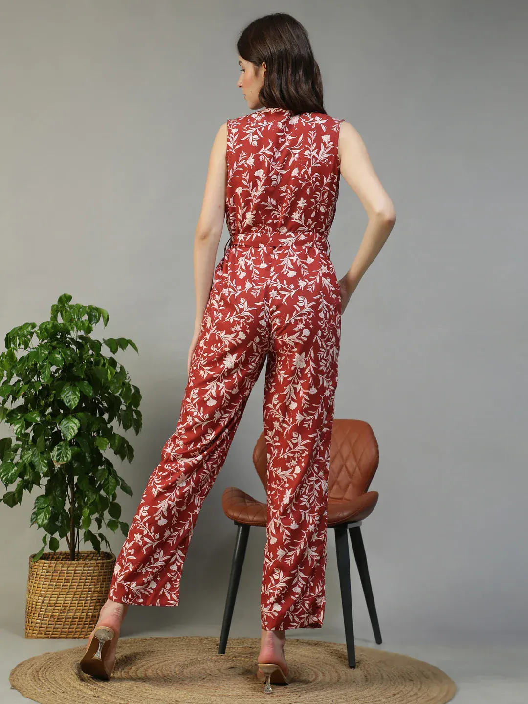 Women Floral Print Jumpsuit with Belt & Pockets - Image 6