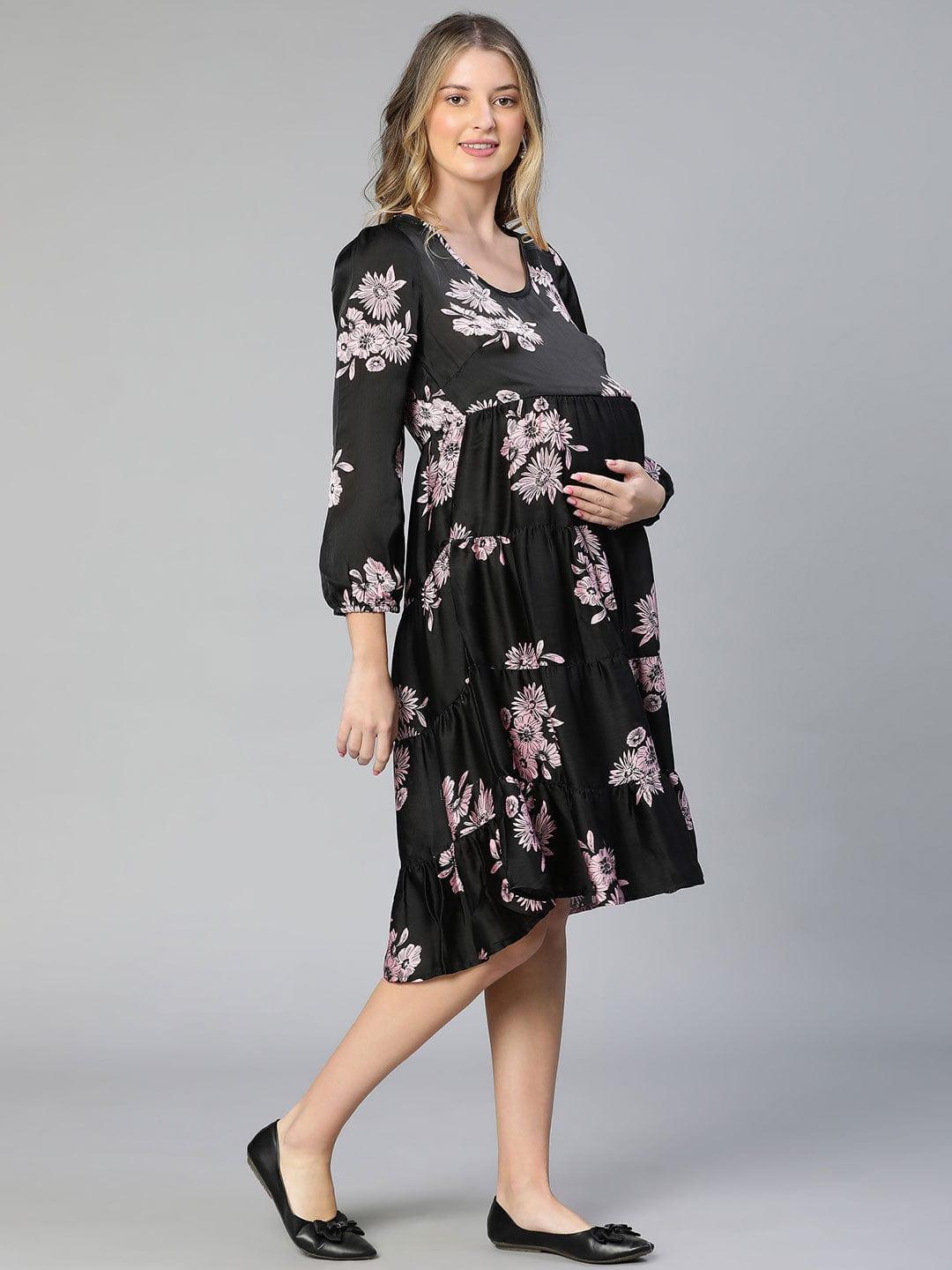Women Floral Print Round Neck Flared Black Maternity Dress - Image 4