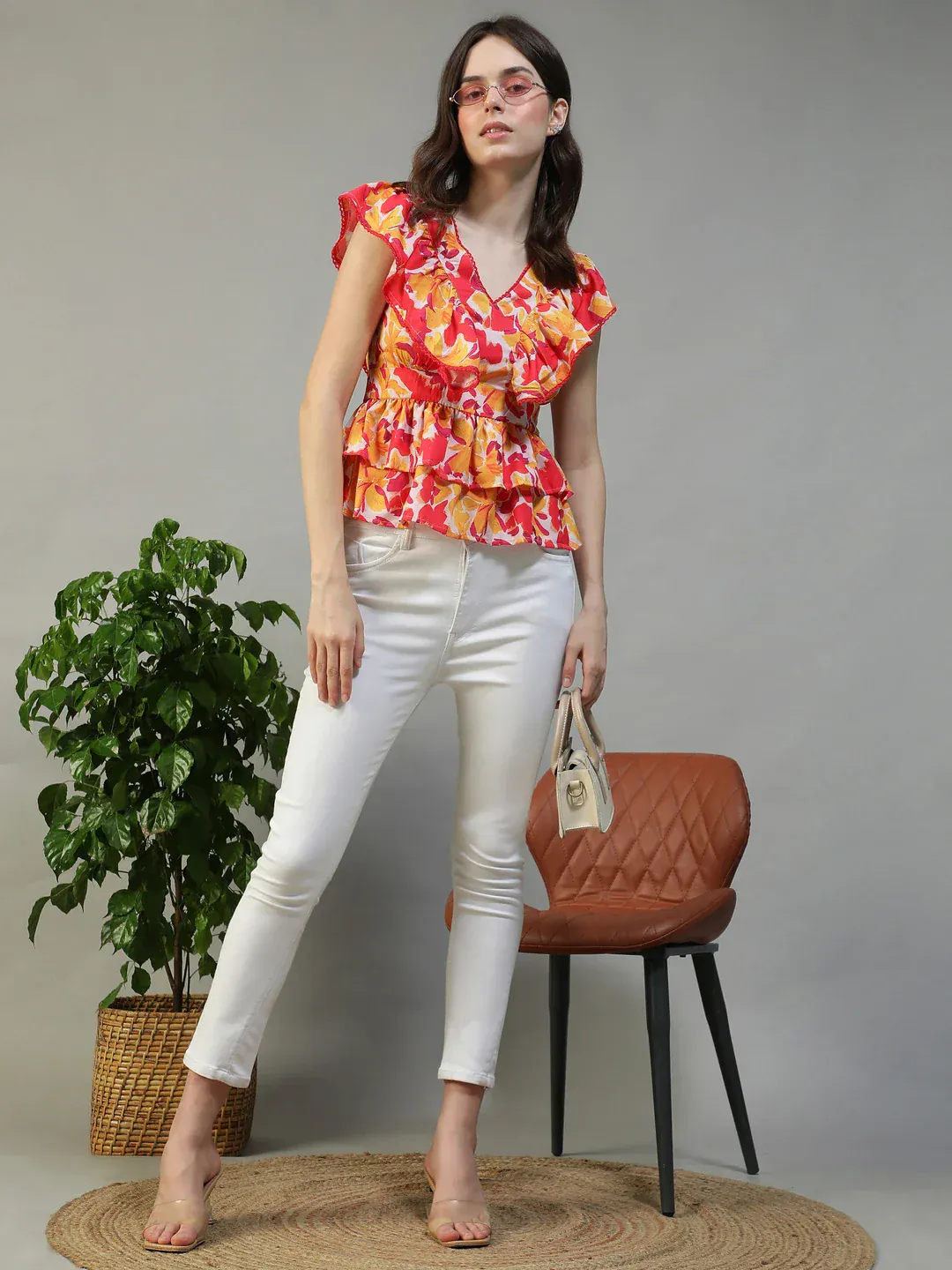 Women Floral Print V-Neck Short Sleeve Peplum Top With Ruffle Detail - Image 4