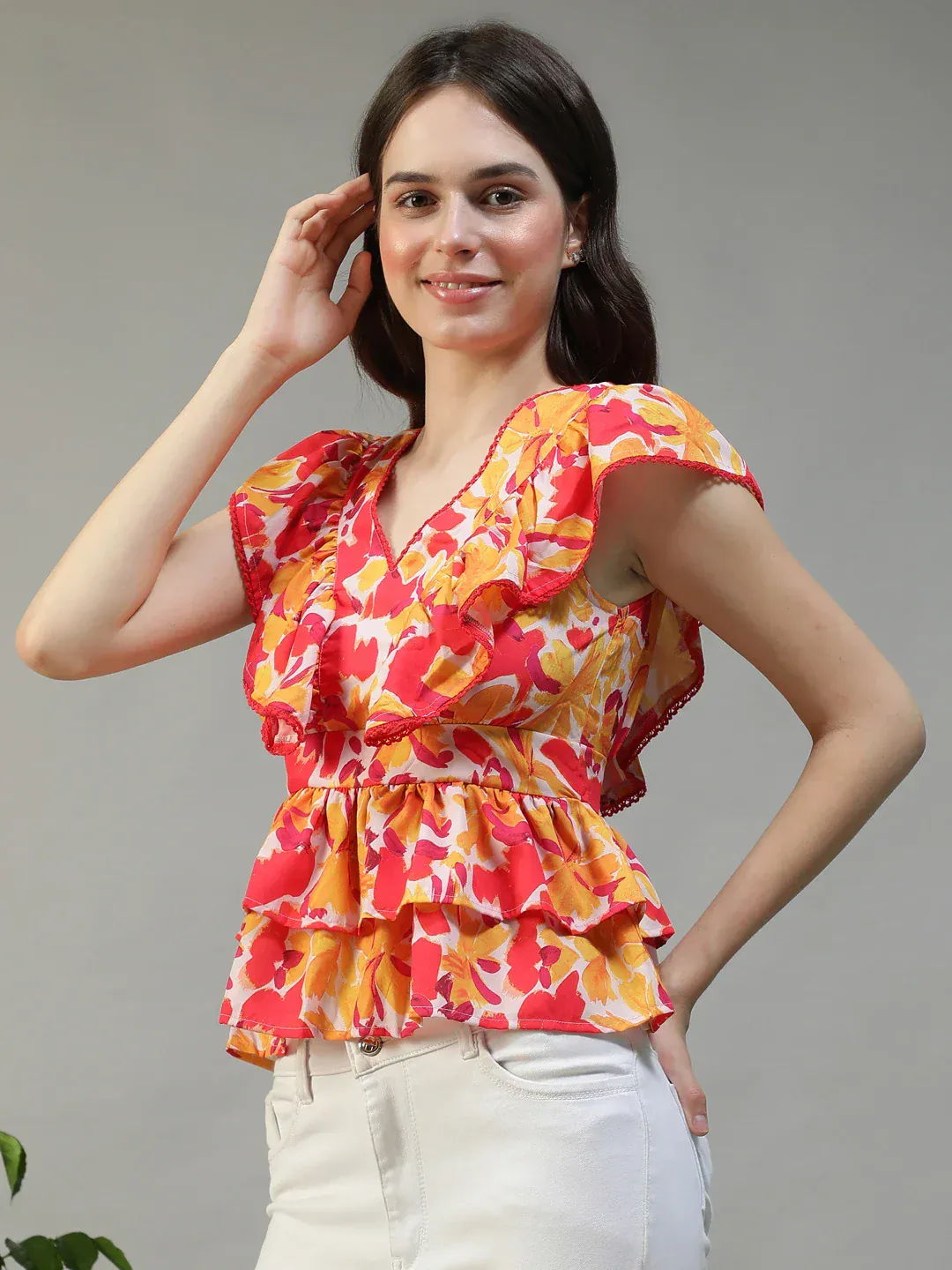 Women Floral Print V-Neck Short Sleeve Peplum Top With Ruffle Detail - Image 5