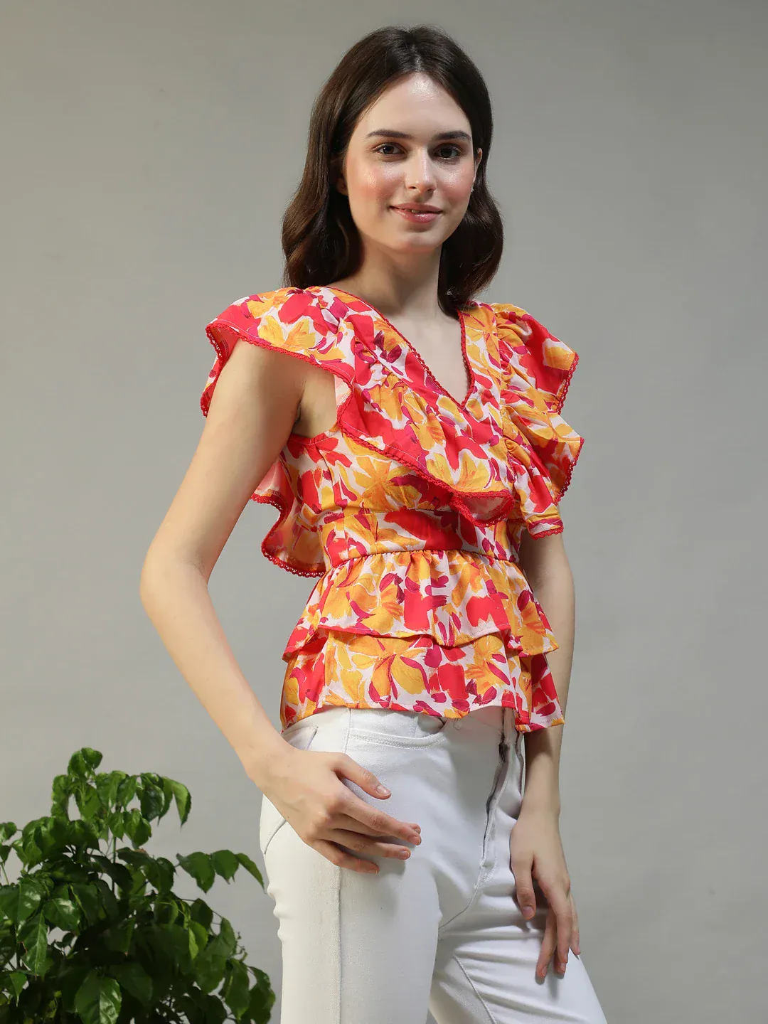 Women Floral Print V-Neck Short Sleeve Peplum Top With Ruffle Detail - Image 7