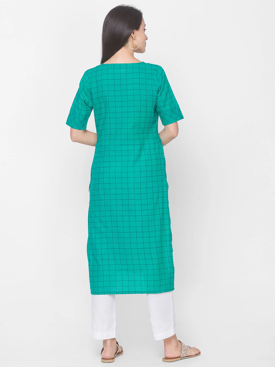Women Green Cotton Checkered Kurta - Image 3