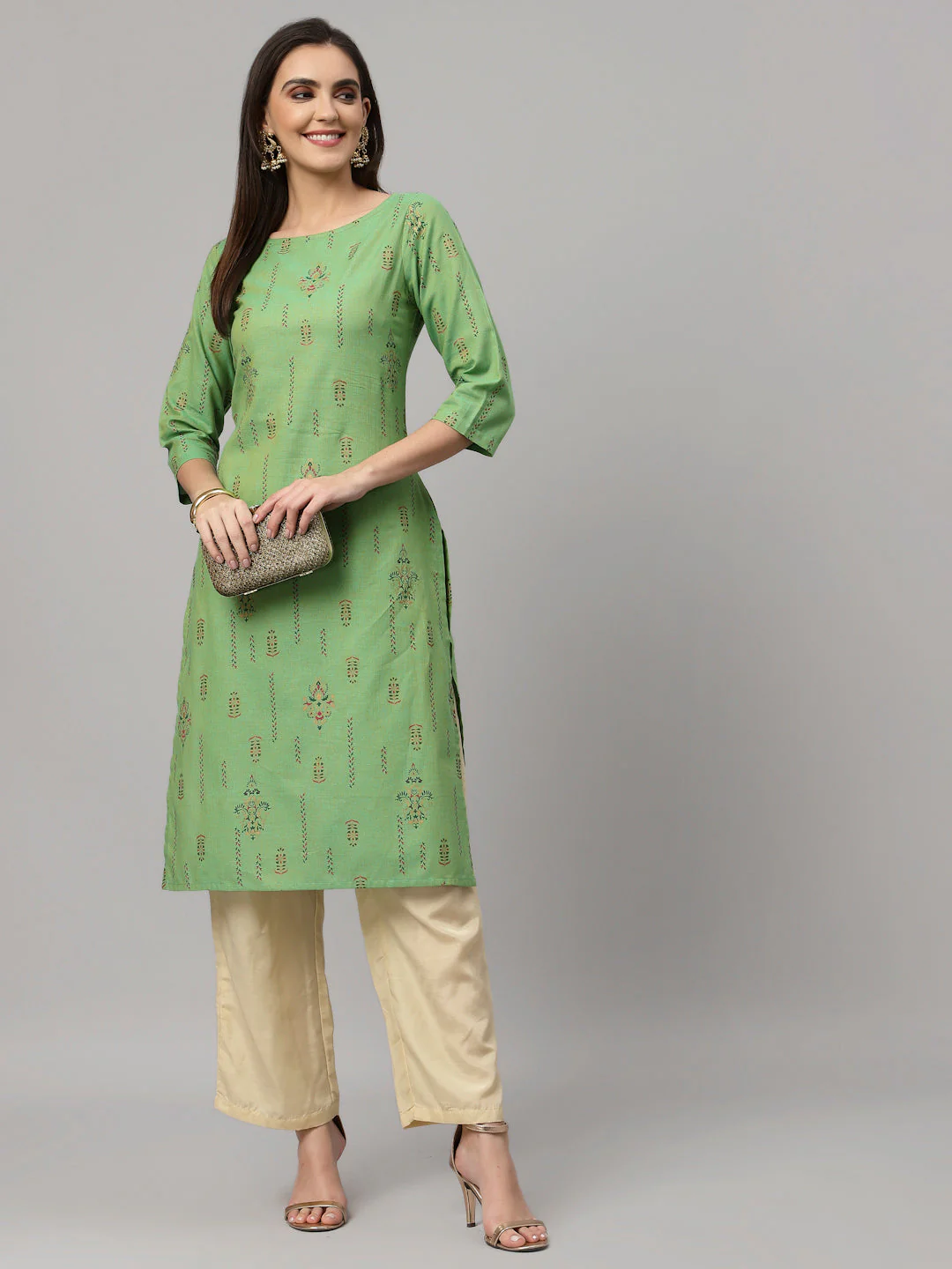 Women Green Cotton Printed Kurta - Image 9