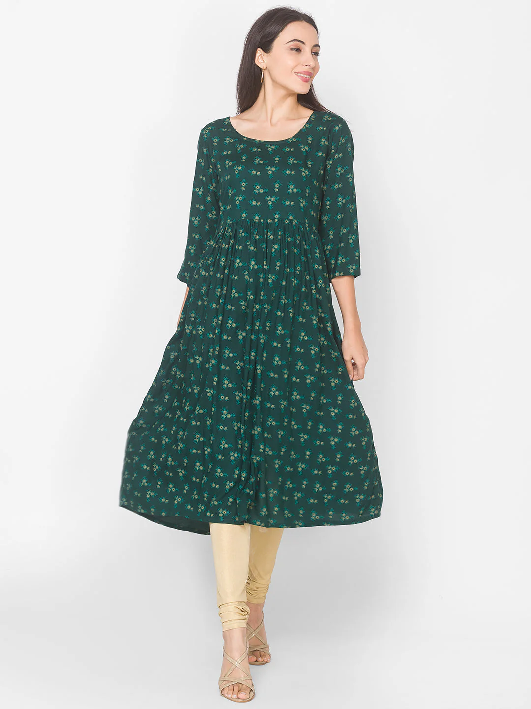 Women Green Floral Anarkali Kurta