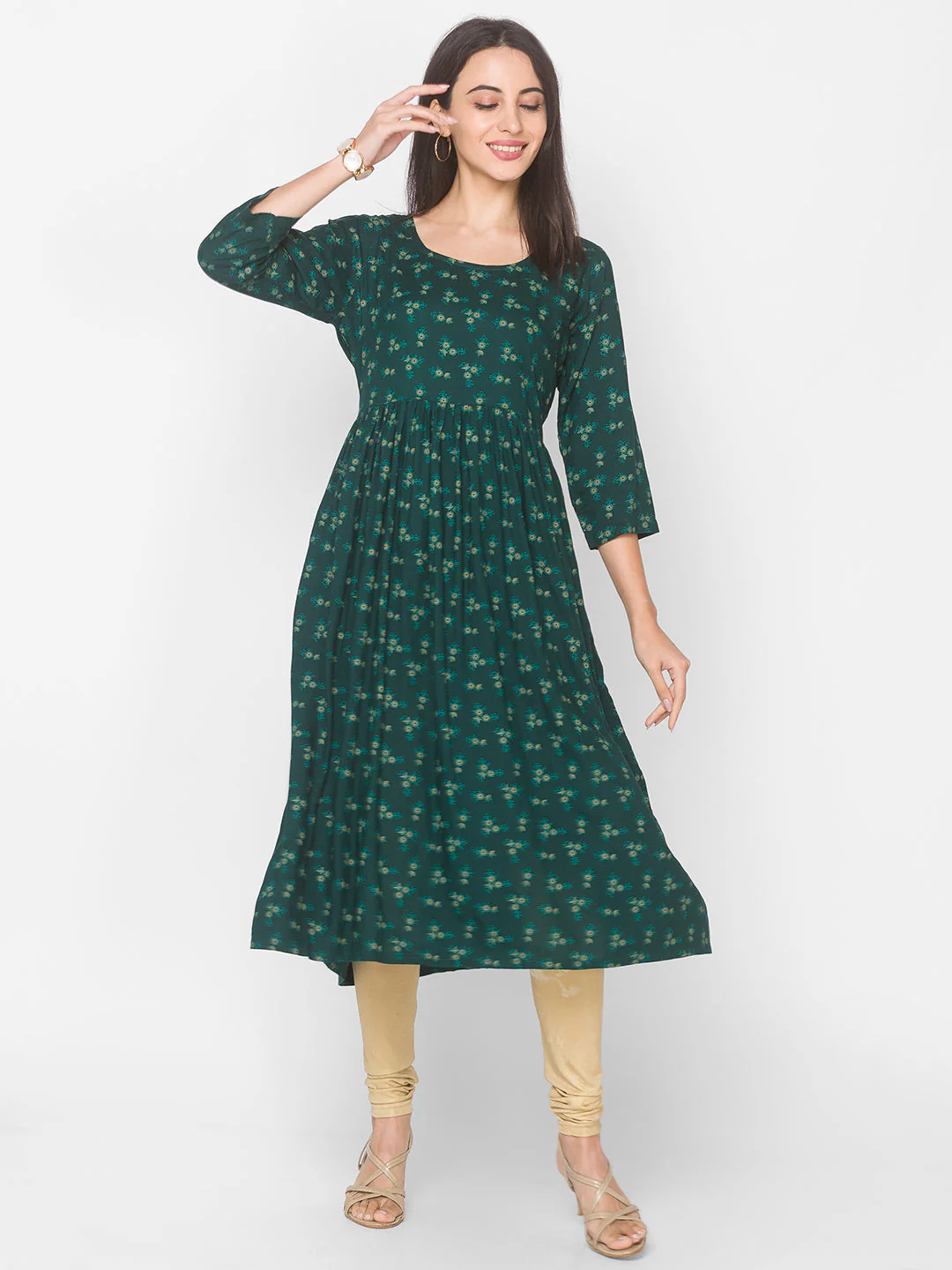 Women Green Floral Anarkali Kurta - Image 2