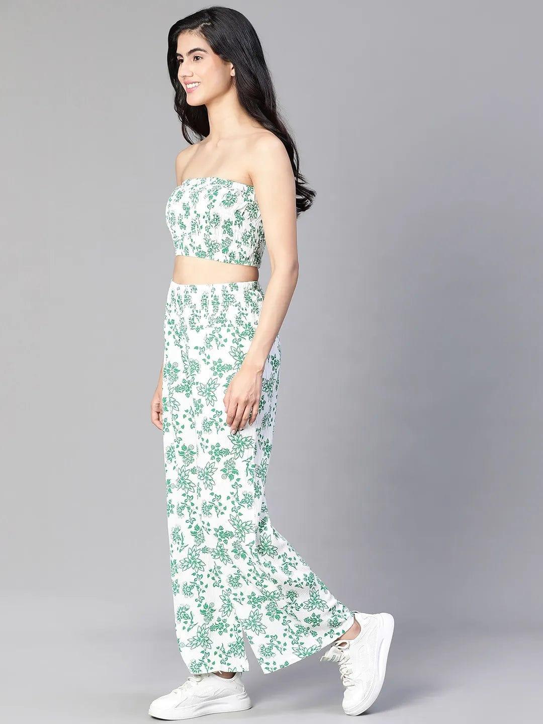 Women Green Floral Print Bustier Top and Pant Set - Image 6