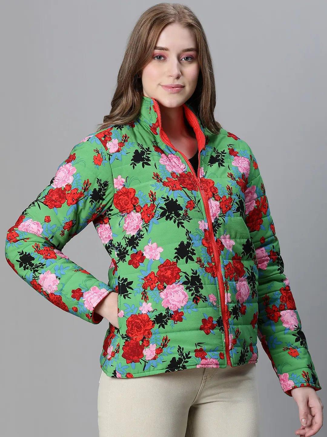 Women Green Floral Print Zip Lined Long Sleeve Reversible Jacket - Image 3