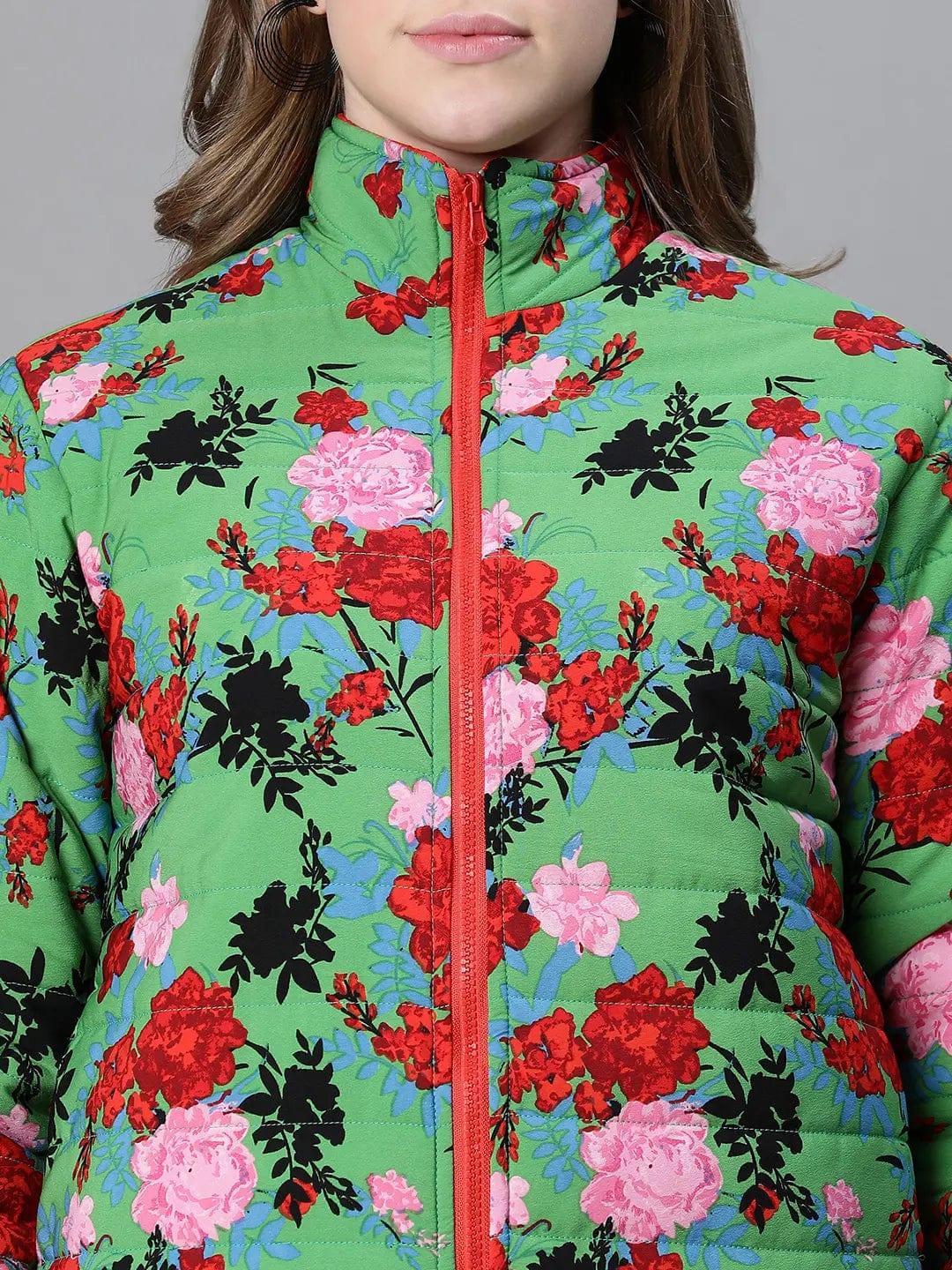 Women Green Floral Print Zip Lined Long Sleeve Reversible Jacket - Image 6