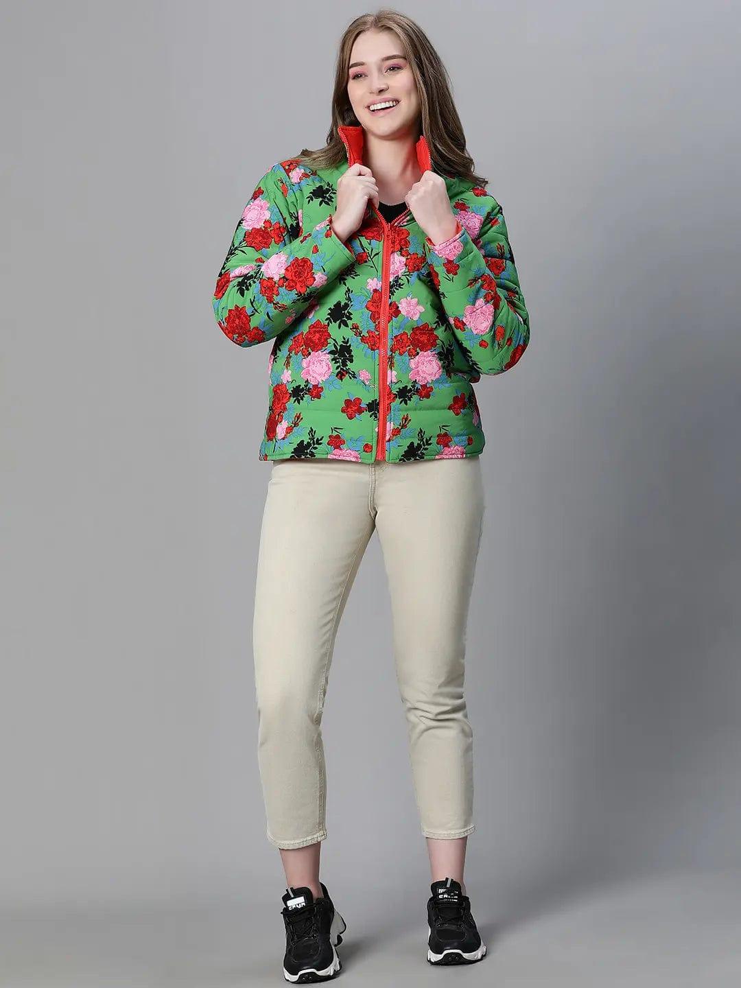 Women Green Floral Print Zip Lined Long Sleeve Reversible Jacket - Image 8