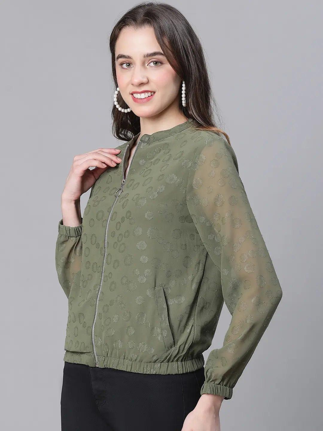 Women Green Lurex Print Long Sleeve Round Neck Zip Lined Jacket - Image 3