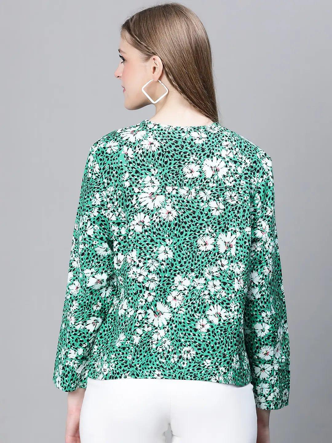 Women Green Multicolor Floral Print Round Neck Buttoned Long Sleeve Cotton Bomber Jacket - Image 4