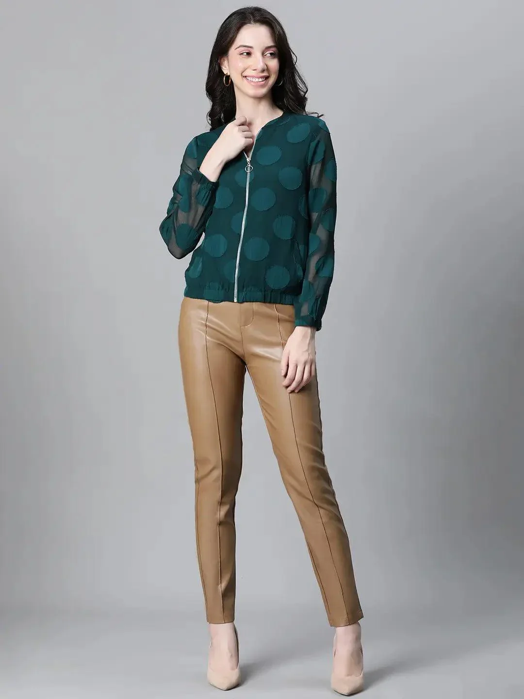 Women Green Printed Zipped Long Sleeve Round Neck Elasticated Bomber Jacket - Image 2