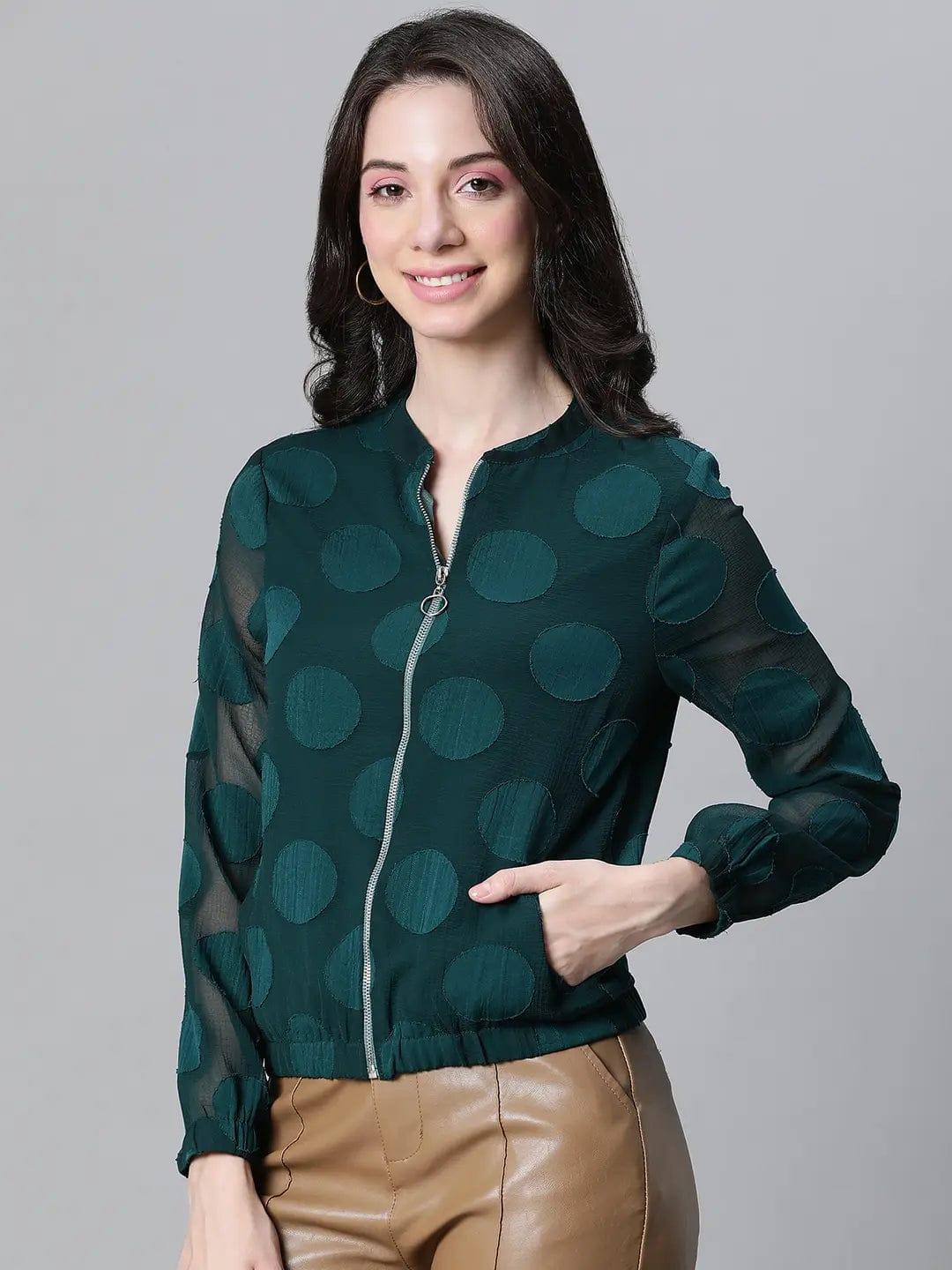 Women Green Printed Zipped Long Sleeve Round Neck Elasticated Bomber Jacket - Image 3