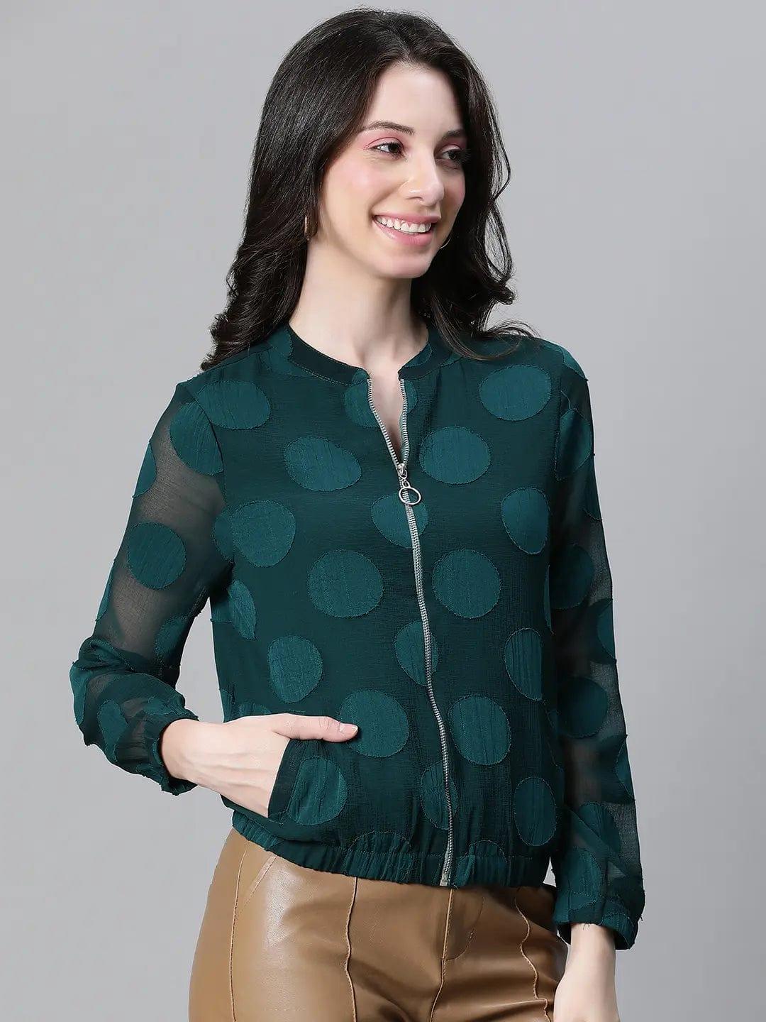 Women Green Printed Zipped Long Sleeve Round Neck Elasticated Bomber Jacket - Image 4