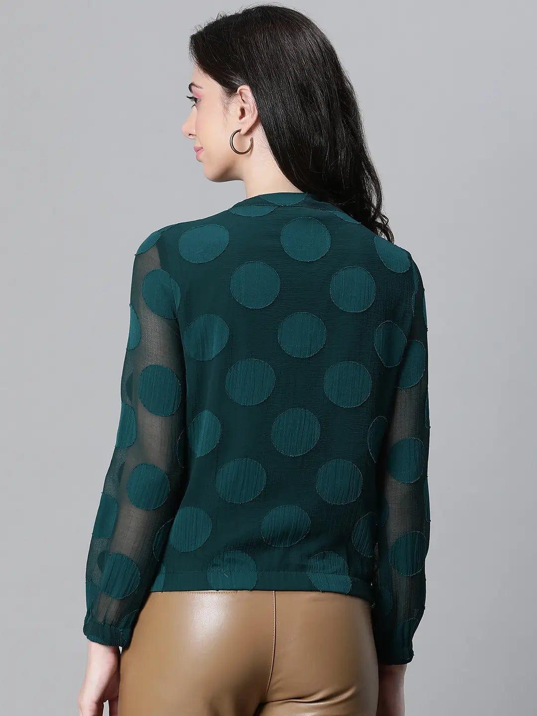 Women Green Printed Zipped Long Sleeve Round Neck Elasticated Bomber Jacket - Image 5