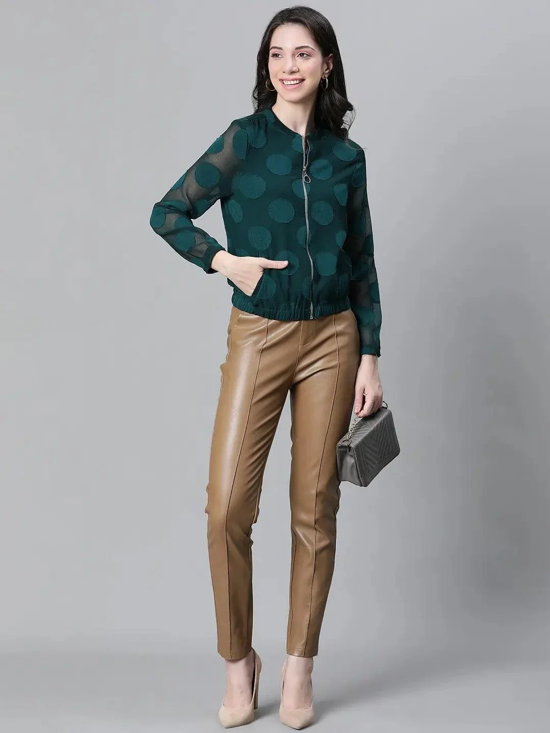 Women Green Printed Zipped Long Sleeve Round Neck Elasticated Bomber Jacket - Image 8