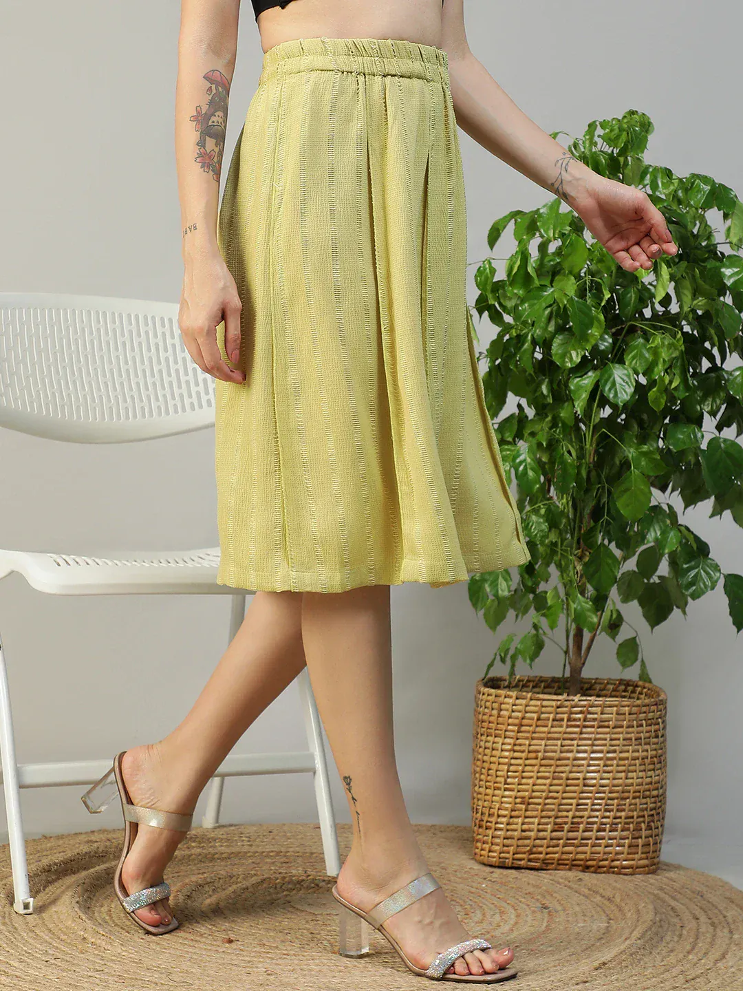 Women Green Stripe Knee-Length with Elasticated Waist Skirt - Image 6