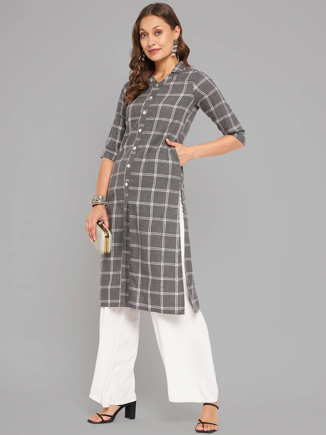 Women Grey Collar Neck Kurta - Image 2