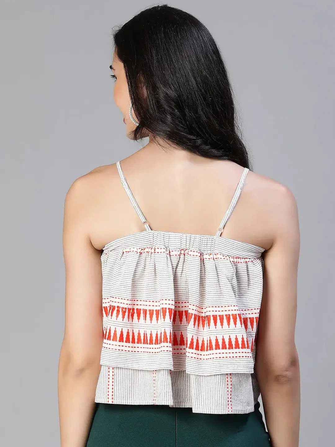 Women Grey Embroiderd Shoulder Strap Elasticated Cotton Top - Image 5