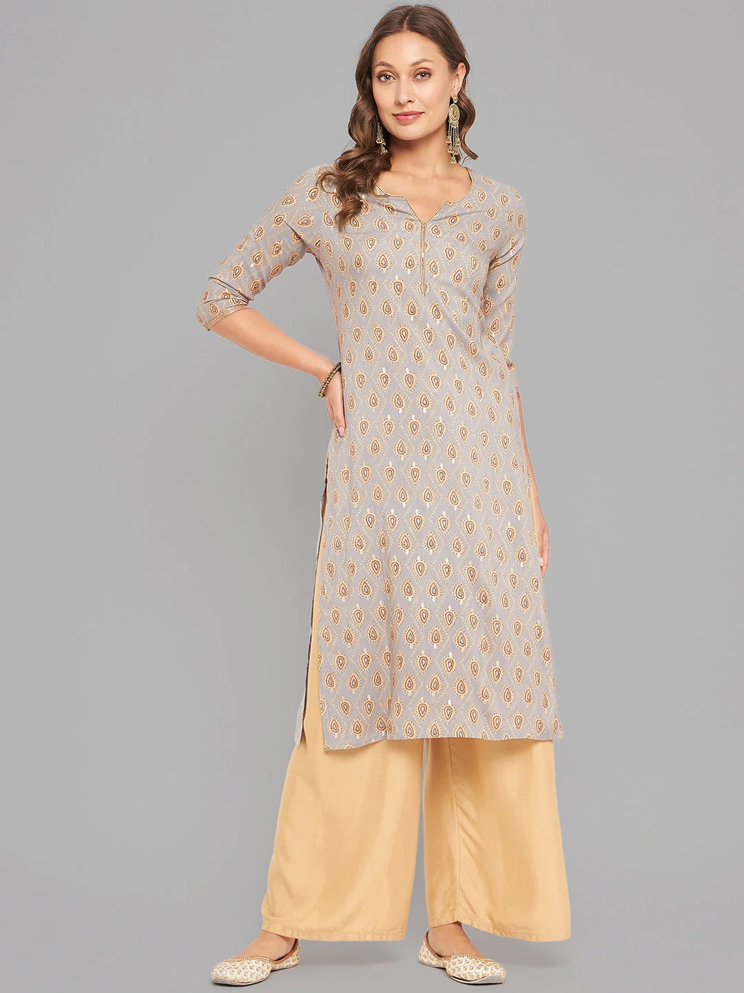Women Grey Ethnic Motifs Printed Kurta With Piping - Image 2