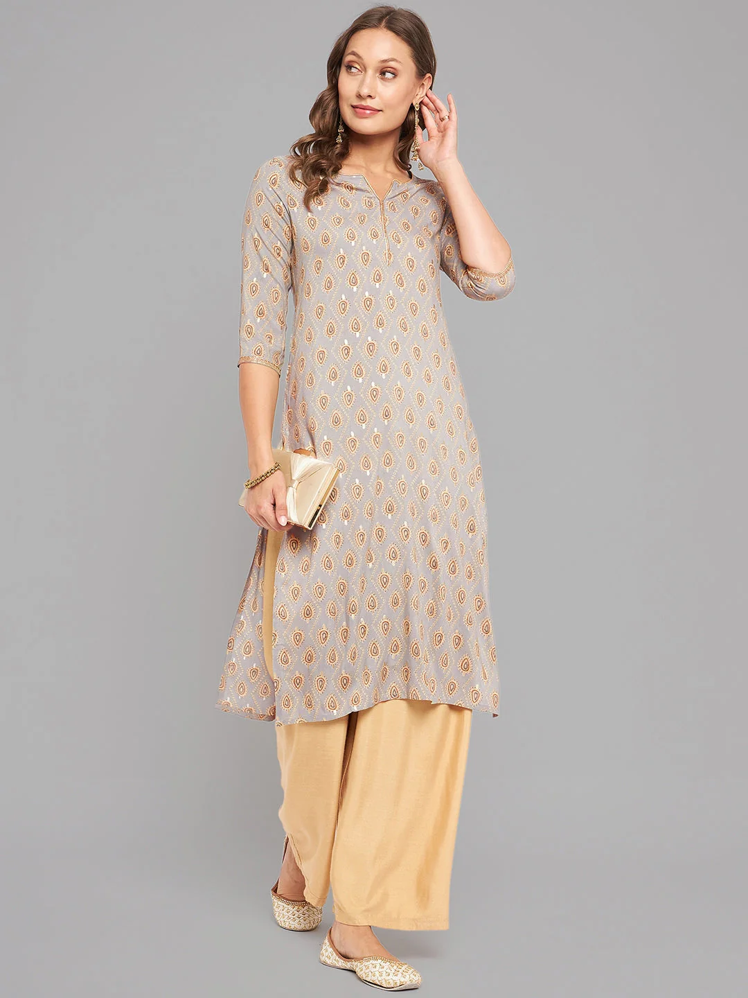 Women Grey Ethnic Motifs Printed Kurta With Piping - Image 3