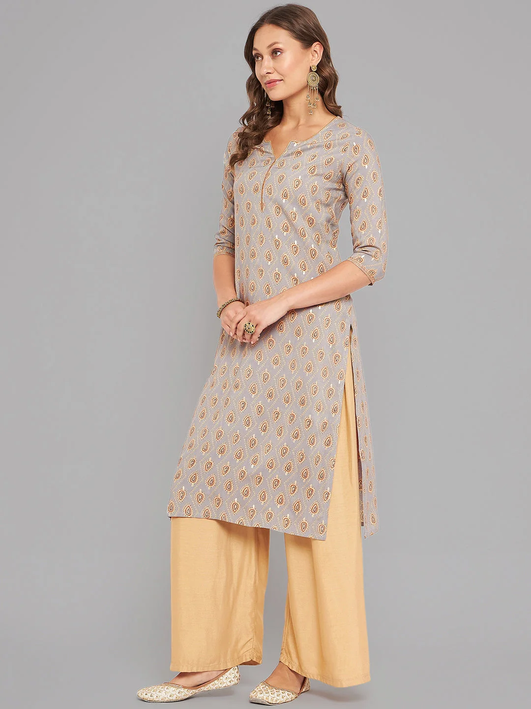 Women Grey Ethnic Motifs Printed Kurta With Piping - Image 4