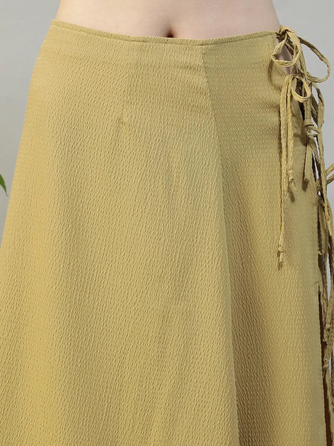 Women Khaki Below-Knee Elastic Waist with Side Tie-up Beachwear Skirt - Image 2