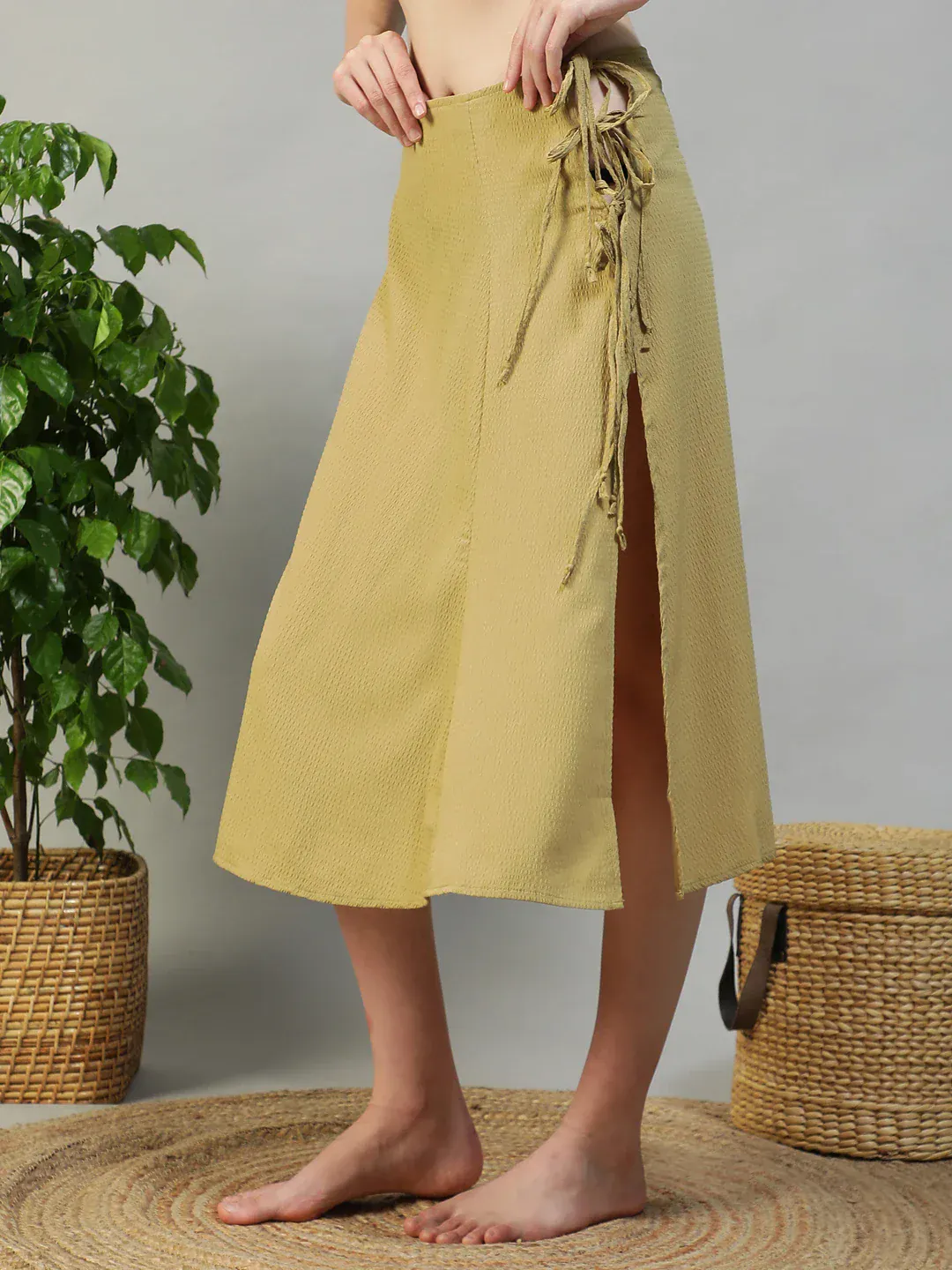 Women Khaki Below-Knee Elastic Waist with Side Tie-up Beachwear Skirt - Image 3