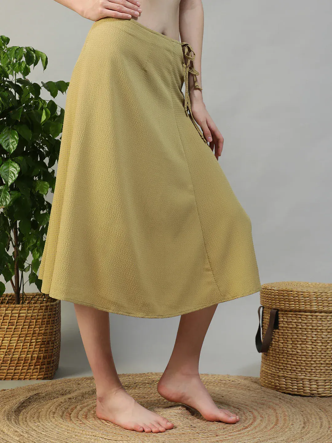 Women Khaki Below-Knee Elastic Waist with Side Tie-up Beachwear Skirt - Image 4