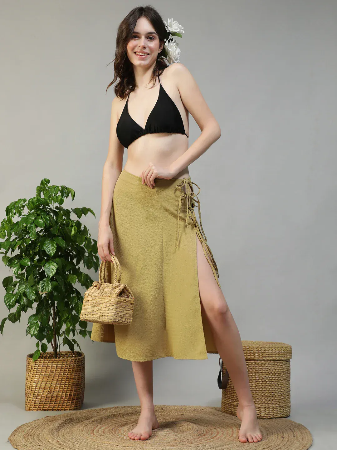 Women Khaki Below-Knee Elastic Waist with Side Tie-up Beachwear Skirt - Image 7
