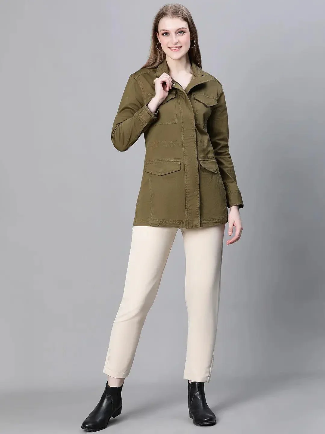 Women Khaki Collared Snap Buttoned Long Sleeve Cotton Jacket - Image 2