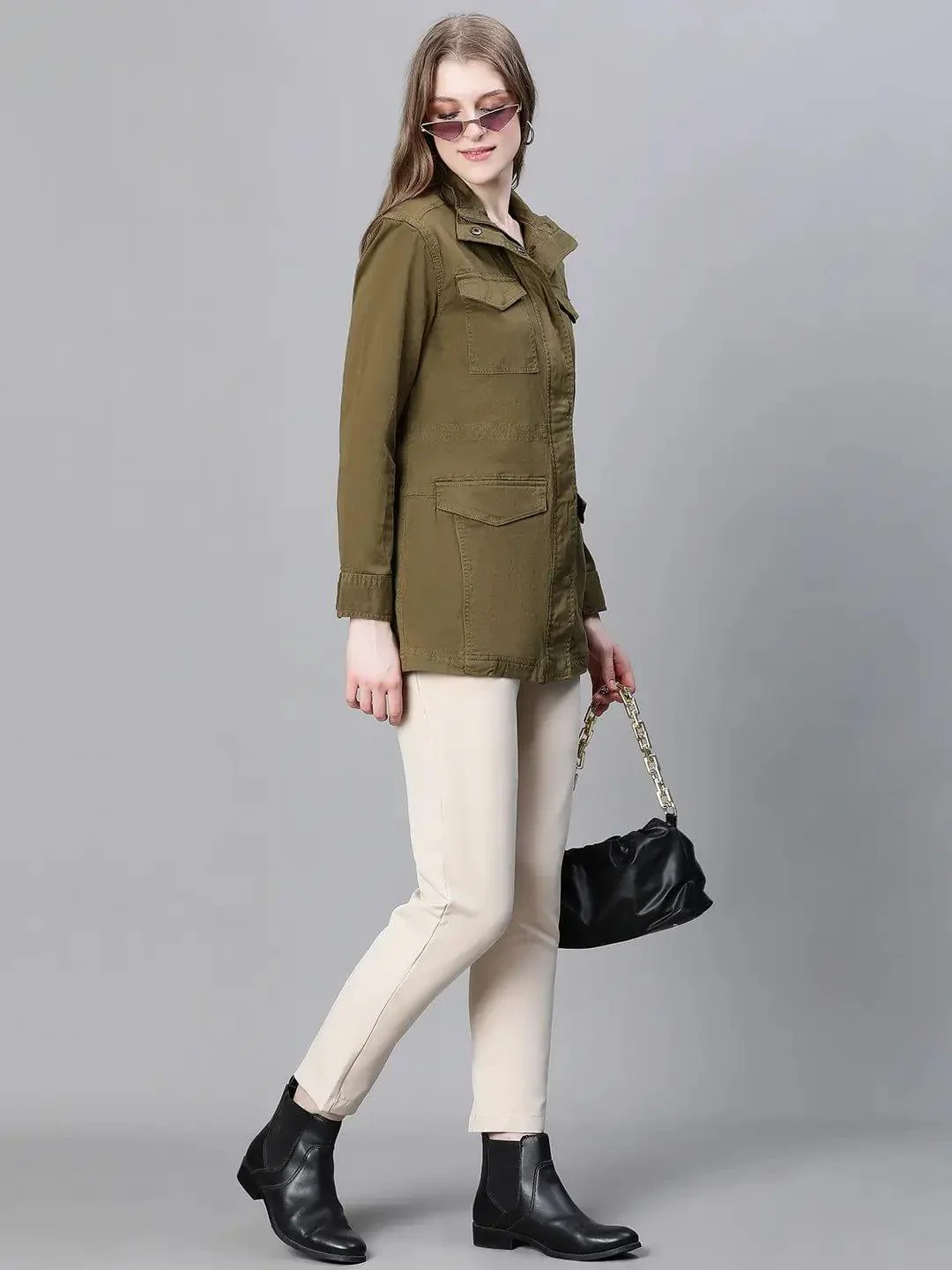 Women Khaki Collared Snap Buttoned Long Sleeve Cotton Jacket - Image 7