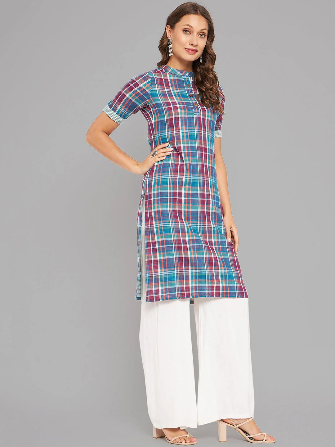 Women Mandrian Collar Short Sleeve Kurta - Image 4